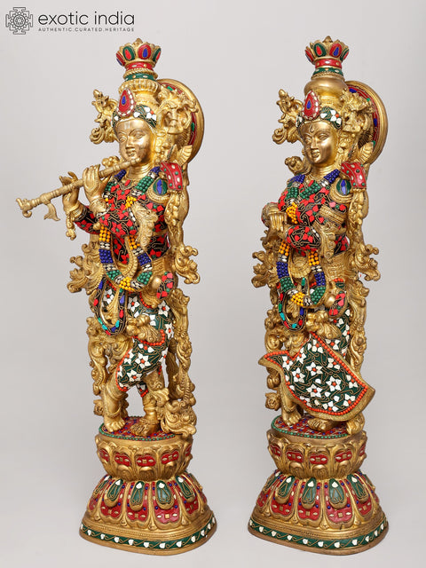 29" Radha and Krishna Standing on Lotus | Brass Statue | Handmade | Made in India