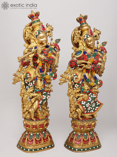 29" Radha and Krishna Standing on Lotus | Brass Statue | Handmade | Made in India