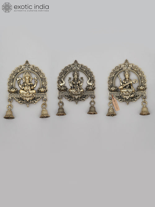 6" Brass Ganesha Lakshmi Saraswati Wall Hanging Bells Set Handmade