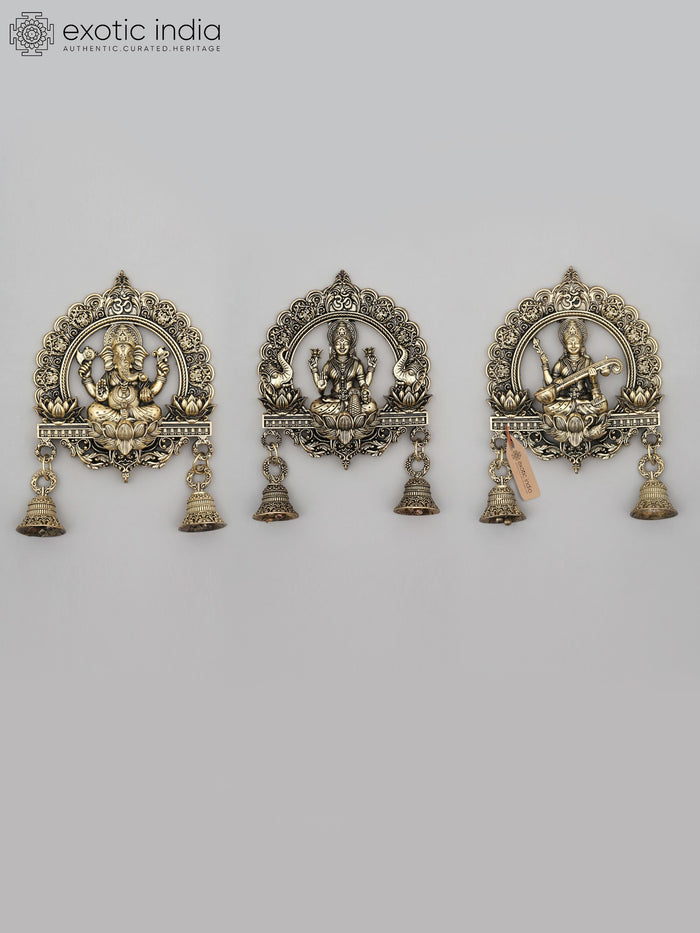6" Brass Ganesha Lakshmi Saraswati Wall Hanging Bells Set Handmade