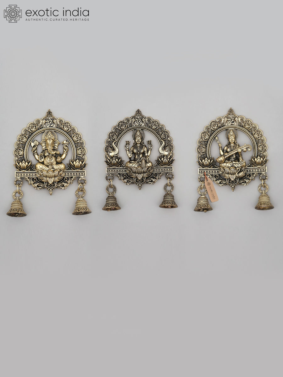 6" Brass Ganesha Lakshmi Saraswati Wall Hanging Bells Set Handmade
