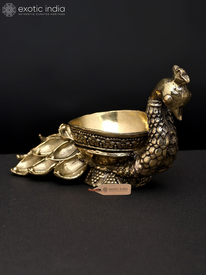 4" Brass Peacock Oil Lamp Handmade Single Wick Statue