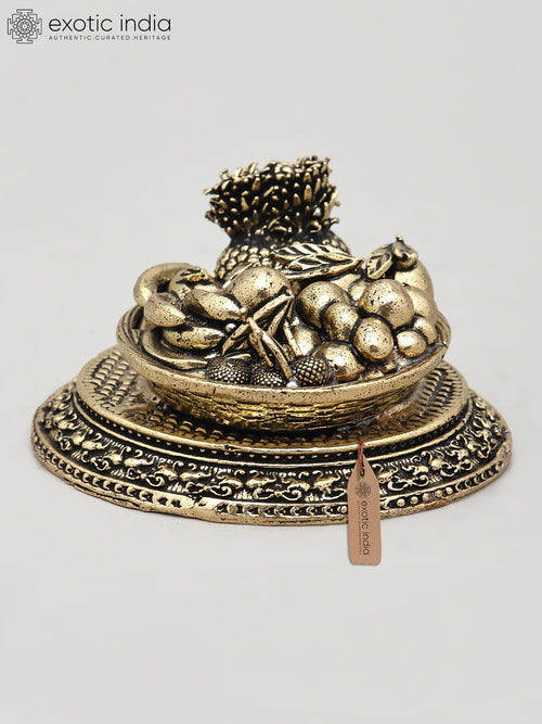 3" Small Brass Fruit Basket Handmade Sculpture with Carved Base
