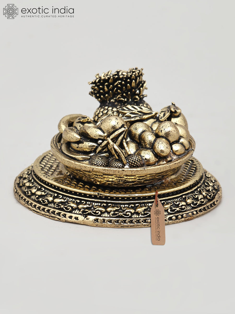 3" Small Brass Fruit Basket Handmade Sculpture with Carved Base