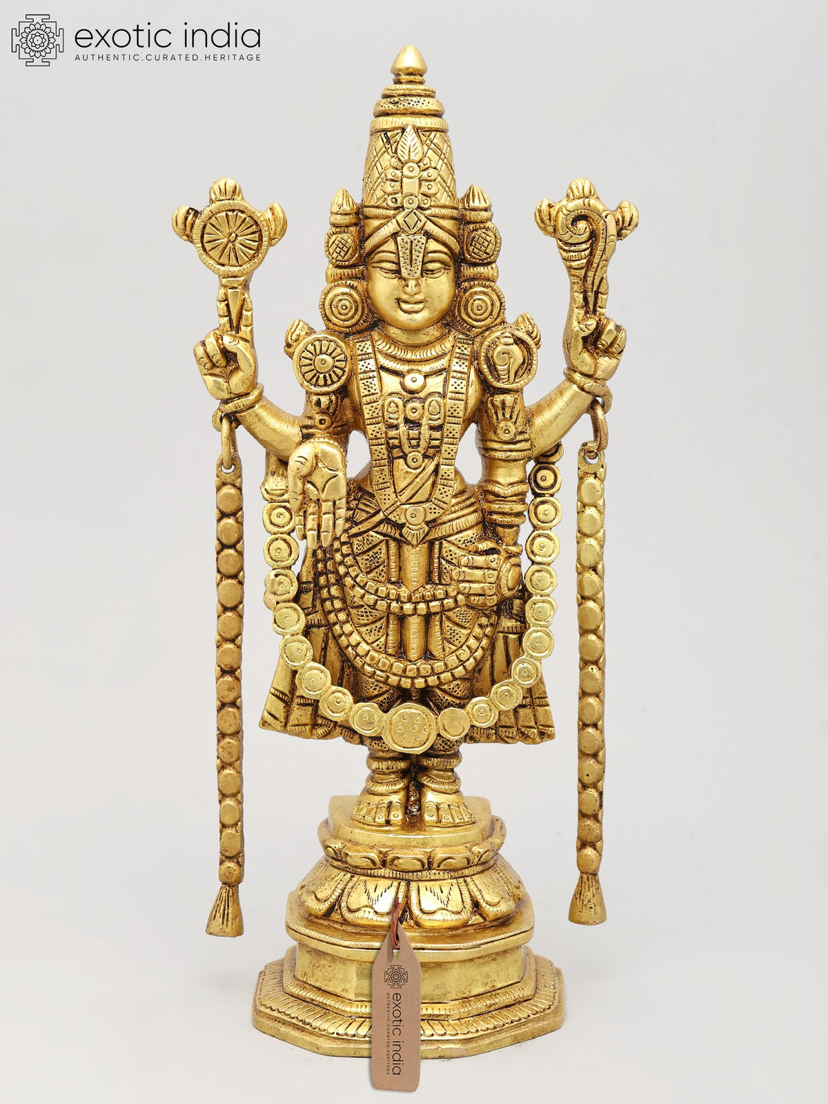 11" Four Armed Tirupati Balaji Brass Statue with Vaishnava Symbols