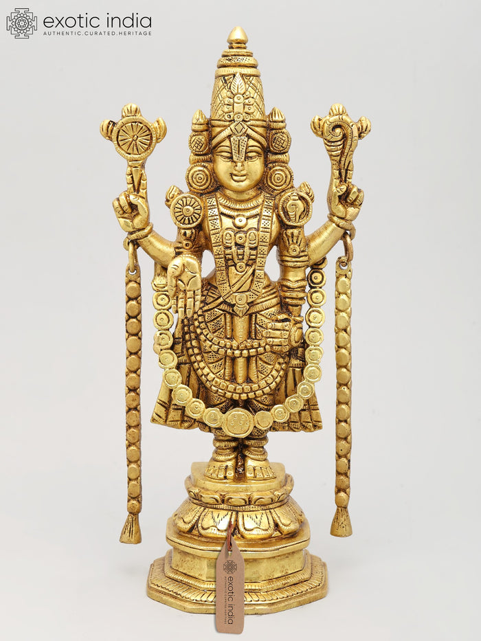 11" Four Armed Tirupati Balaji Brass Statue with Vaishnava Symbols