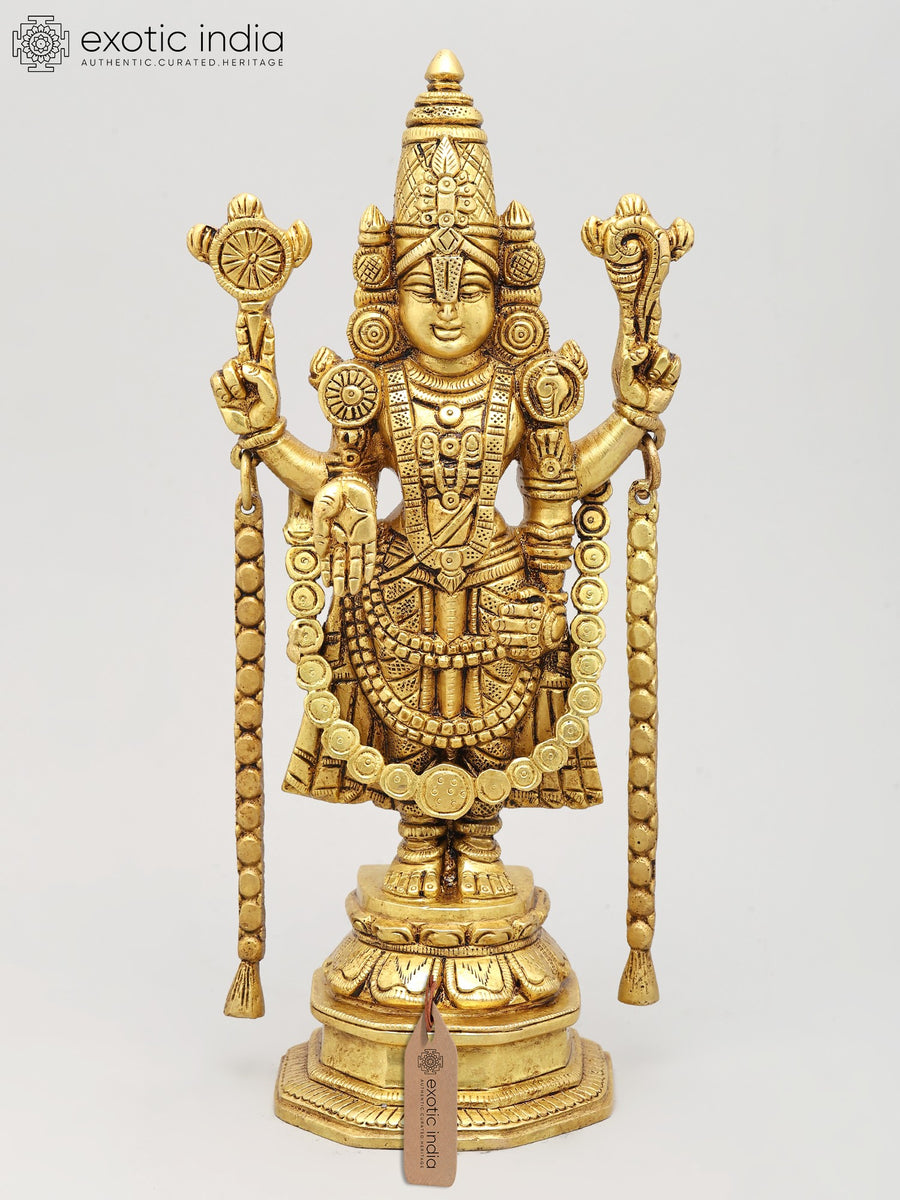 11" Four Armed Tirupati Balaji Brass Statue with Vaishnava Symbols