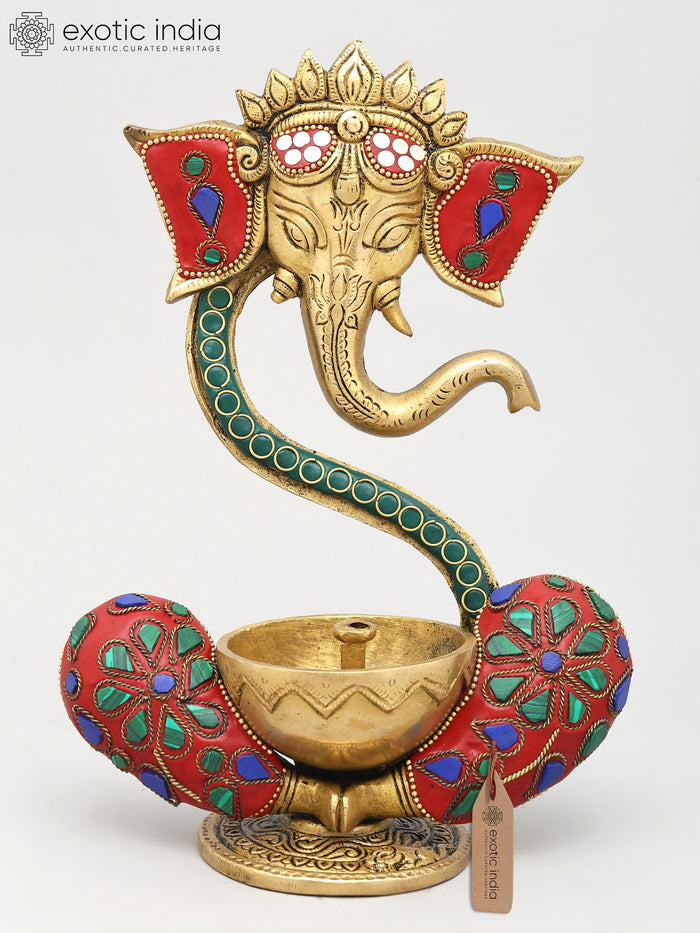 9" Brass Ganesha Wick Lamp with Inlay Work Handmade