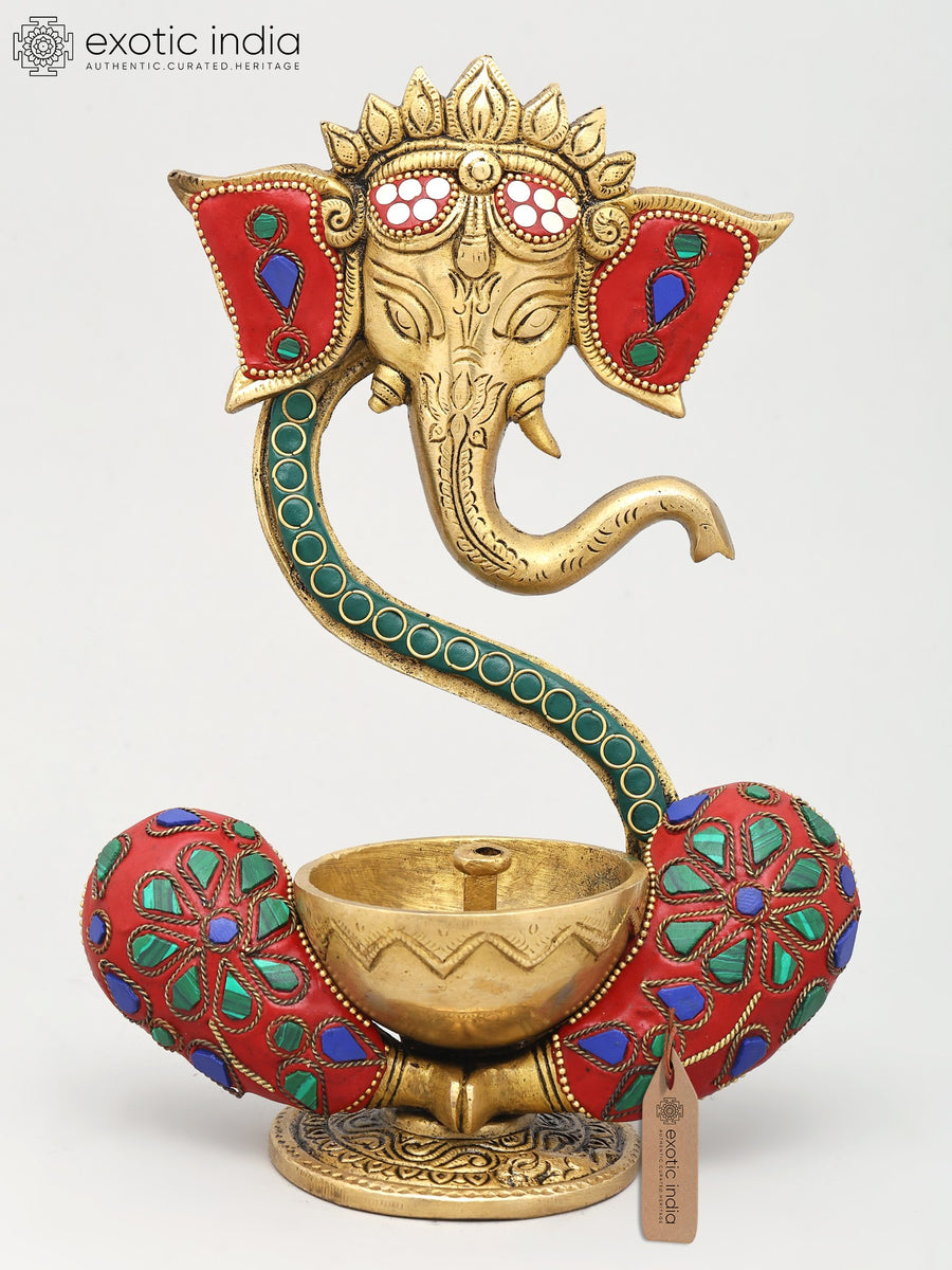 9" Brass Ganesha Wick Lamp with Inlay Work Handmade