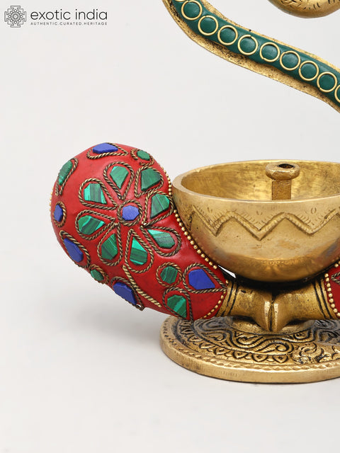 9" Ganesha Wick Lamp in Brass with Inlay Work | Handmade | Made in India