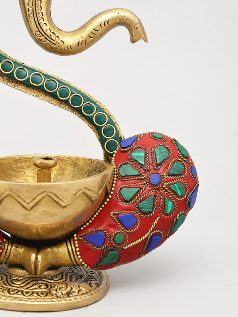 9" Ganesha Wick Lamp in Brass with Inlay Work | Handmade | Made in India