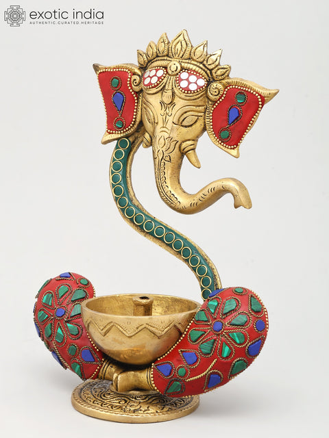 9" Ganesha Wick Lamp in Brass with Inlay Work | Handmade | Made in India