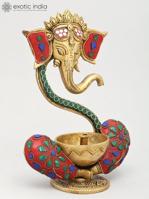 9" Ganesha Wick Lamp in Brass with Inlay Work | Handmade | Made in India