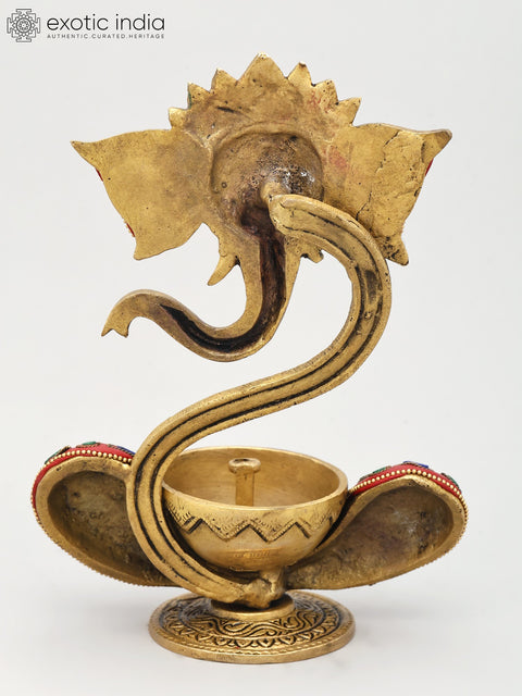9" Ganesha Wick Lamp in Brass with Inlay Work | Handmade | Made in India