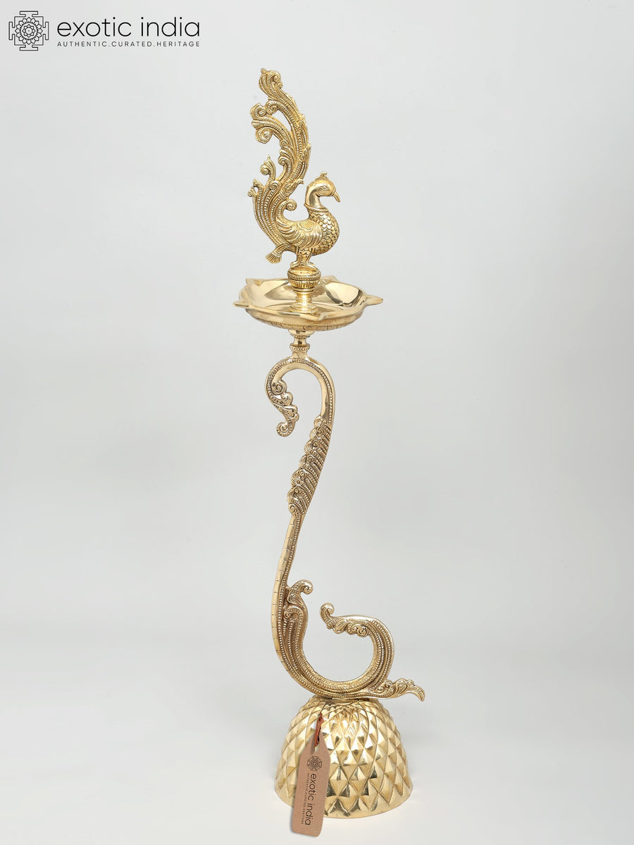 30" Handmade Brass Peacock Five Wick Oil Lamp with Base