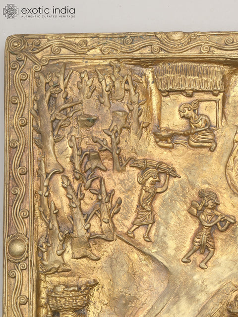 16" Village View of Tribal Social Life | Brass Wall Hanging