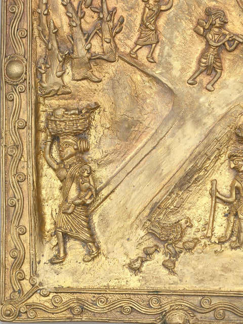 16" Village View of Tribal Social Life | Brass Wall Hanging