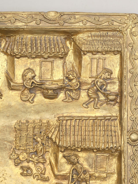 16" Village View of Tribal Social Life | Brass Wall Hanging