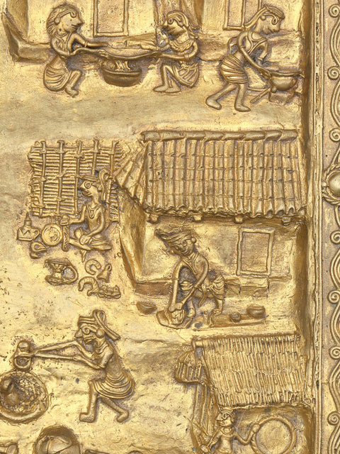 16" Village View of Tribal Social Life | Brass Wall Hanging