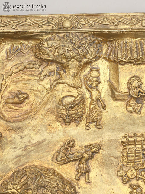 16" Village View of Tribal Social Life | Brass Wall Hanging