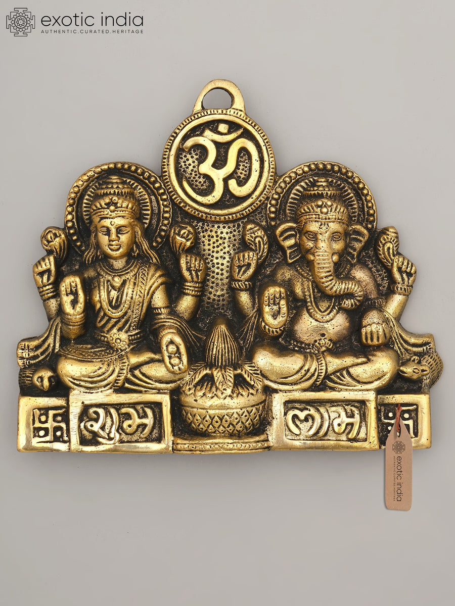 7" Goddess Lakshmi Ganesha Om Shubh Labh Brass Wall Hanging