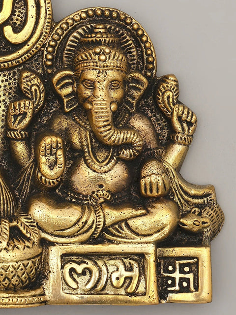 7" Goddess Lakshmi and Lord Ganesha with Om and Shubh Labh | Brass Wall Hanging