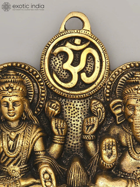 7" Goddess Lakshmi and Lord Ganesha with Om and Shubh Labh | Brass Wall Hanging