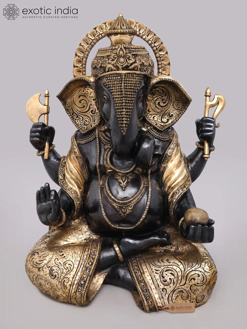 45" Large Vighnaharta Ganesha Seated Four Armed Brass Statue
