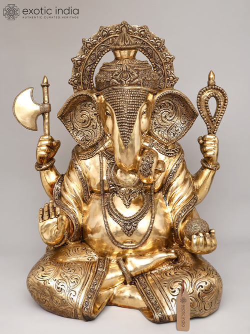 45" Large Vighnaharta Ganesha Seated Four Armed Brass Statue
