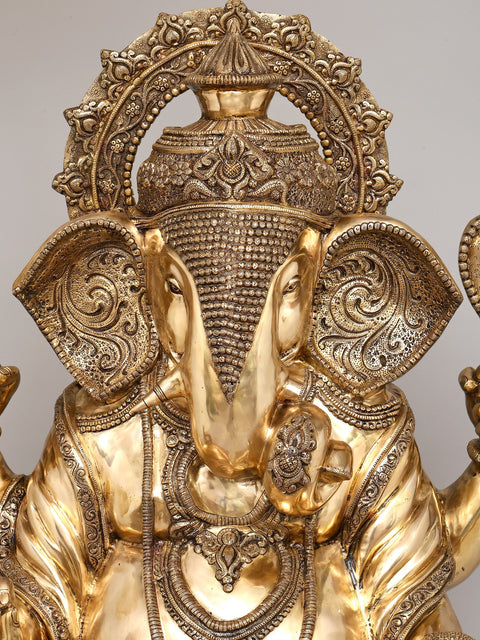 45" Large Vighnaharta Lord Ganesha Seated Gesture with Four Arms | Brass Statue | Made in India