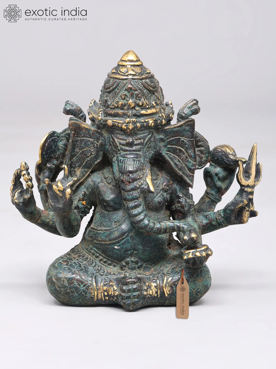 5" Three Headed Six Armed Ganesha Brass Statue for Pooja