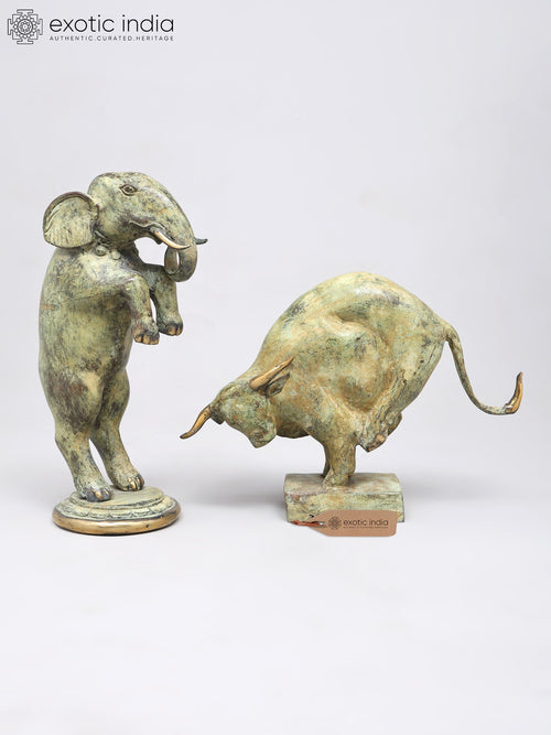 12" Dancing Elephant and Bowing Bull Brass Statue Pair for Home Decor