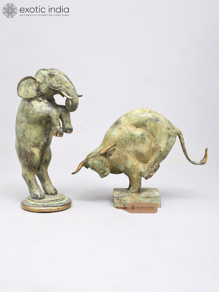 12" Dancing Elephant and Bowing Bull Brass Statue Pair for Home Decor