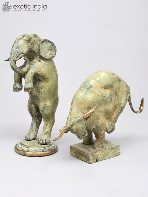 12" Pair of Dancing Elephant and Bowing Bull | Table Decor | Brass Statues