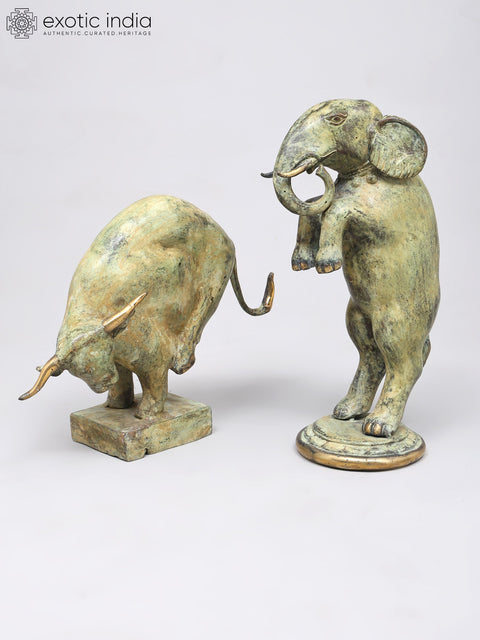 12" Pair of Dancing Elephant and Bowing Bull | Table Decor | Brass Statues