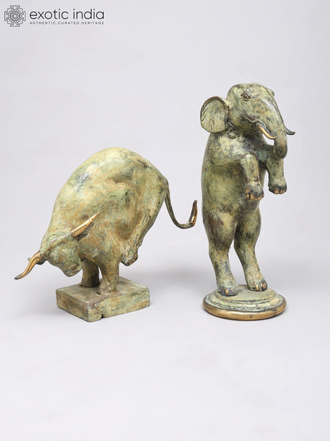 12" Pair of Dancing Elephant and Bowing Bull | Table Decor | Brass Statues
