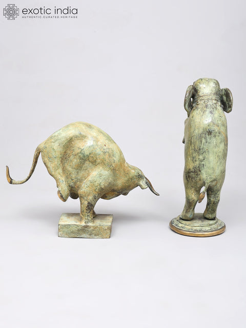 12" Pair of Dancing Elephant and Bowing Bull | Table Decor | Brass Statues
