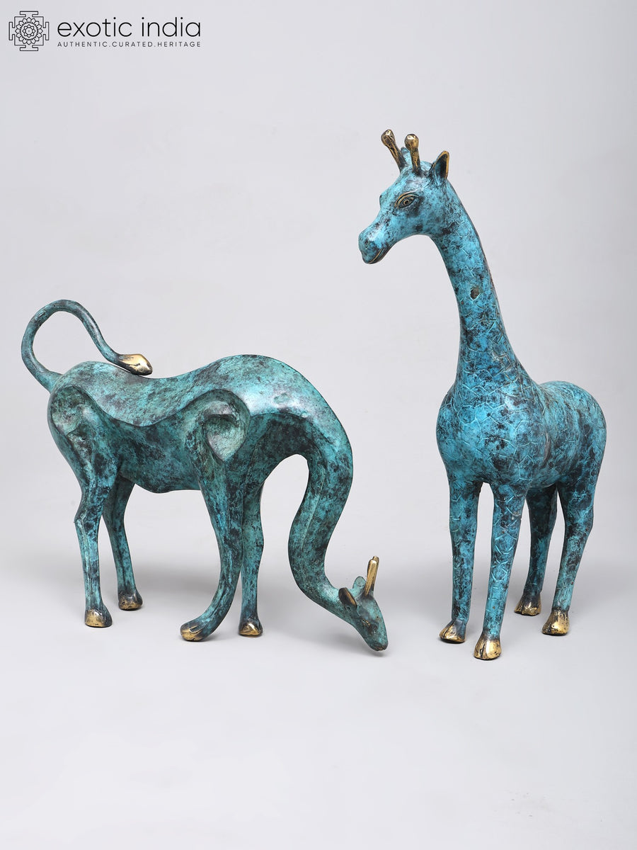 15" Pair of Giraffes Handmade Brass Home Decor Statues
