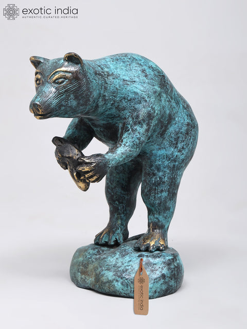 8" Standing Polar Bear Holding Fish | Decorative Brass Statue | Table Decor