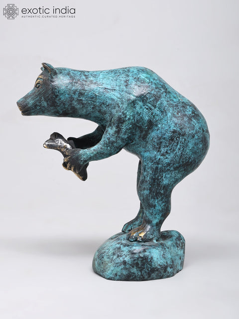 8" Standing Polar Bear Holding Fish | Decorative Brass Statue | Table Decor