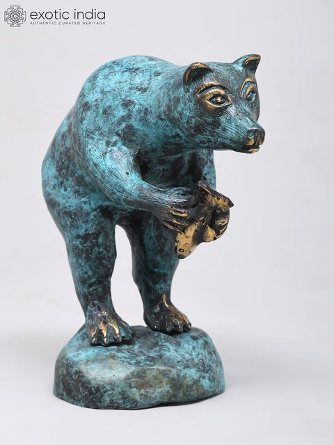 8" Standing Polar Bear Holding Fish | Decorative Brass Statue | Table Decor