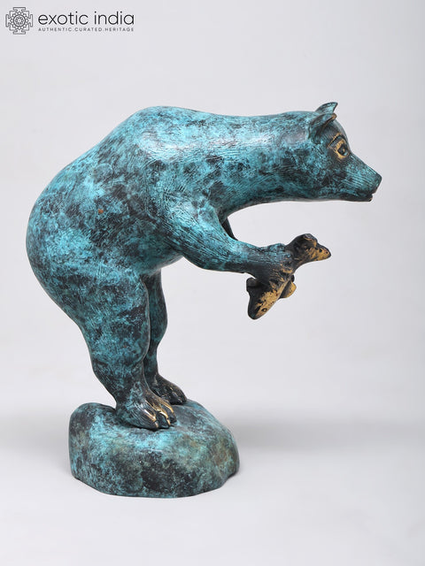 8" Standing Polar Bear Holding Fish | Decorative Brass Statue | Table Decor