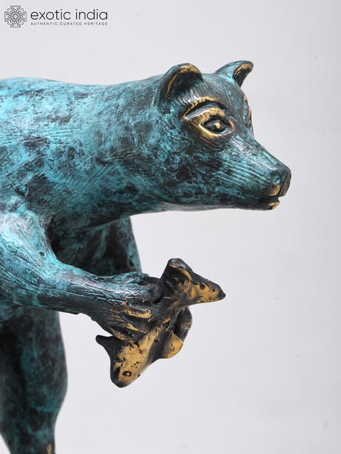 8" Standing Polar Bear Holding Fish | Decorative Brass Statue | Table Decor