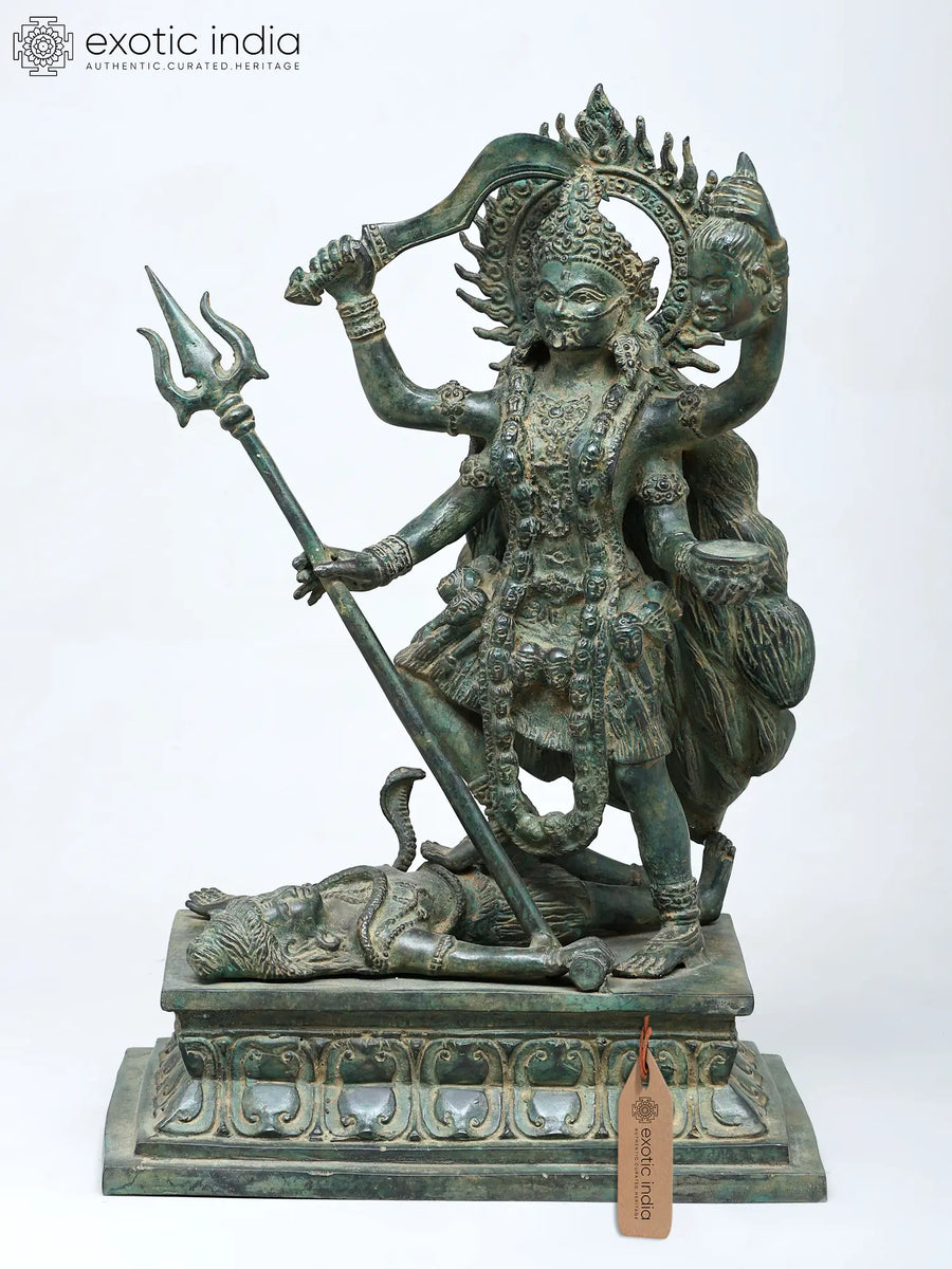 16" Goddess Kali Standing on Shiva Brass Statue for Pooja