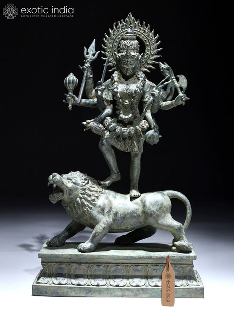 21" Eight Armed Goddess Mahakali Standing on Roaring Lion | Balinese Brass Statue | Made in India