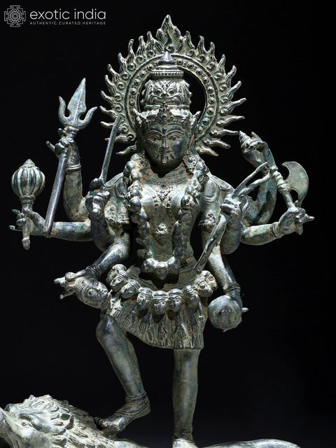 21" Eight Armed Goddess Mahakali Standing on Roaring Lion | Balinese Brass Statue | Made in India