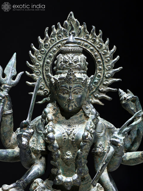 21" Eight Armed Goddess Mahakali Standing on Roaring Lion | Balinese Brass Statue | Made in India