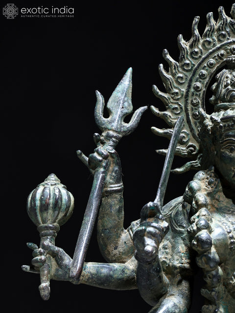 21" Eight Armed Goddess Mahakali Standing on Roaring Lion | Balinese Brass Statue | Made in India