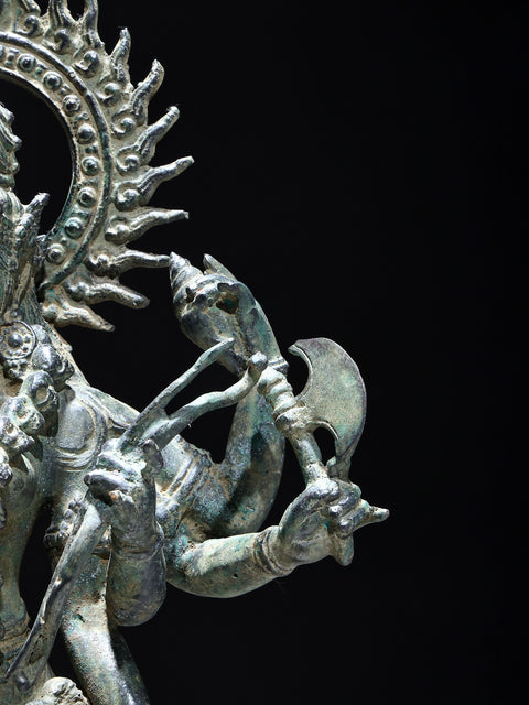 21" Eight Armed Goddess Mahakali Standing on Roaring Lion | Balinese Brass Statue | Made in India