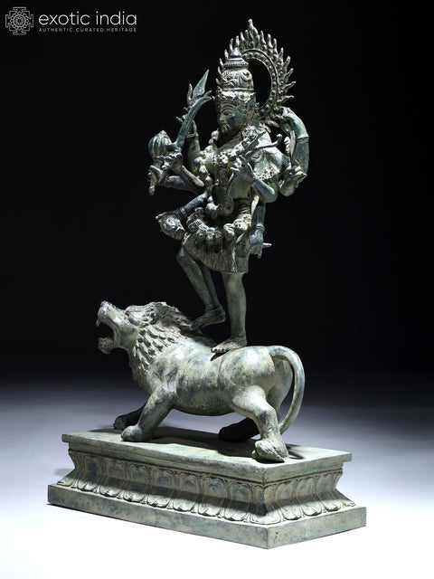 21" Eight Armed Goddess Mahakali Standing on Roaring Lion | Balinese Brass Statue | Made in India